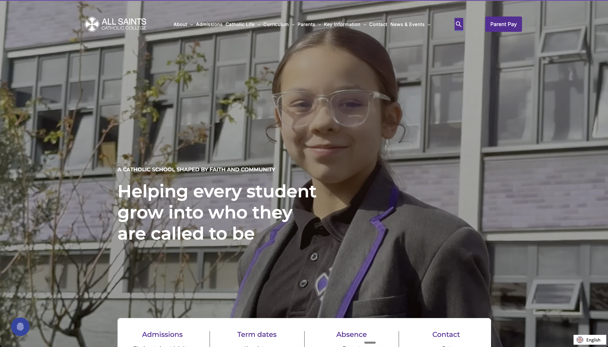 Screenshot of the All Saints Catholic College homepage, with a student in uniform and prominent links for admissions, term dates, absence and contact.
