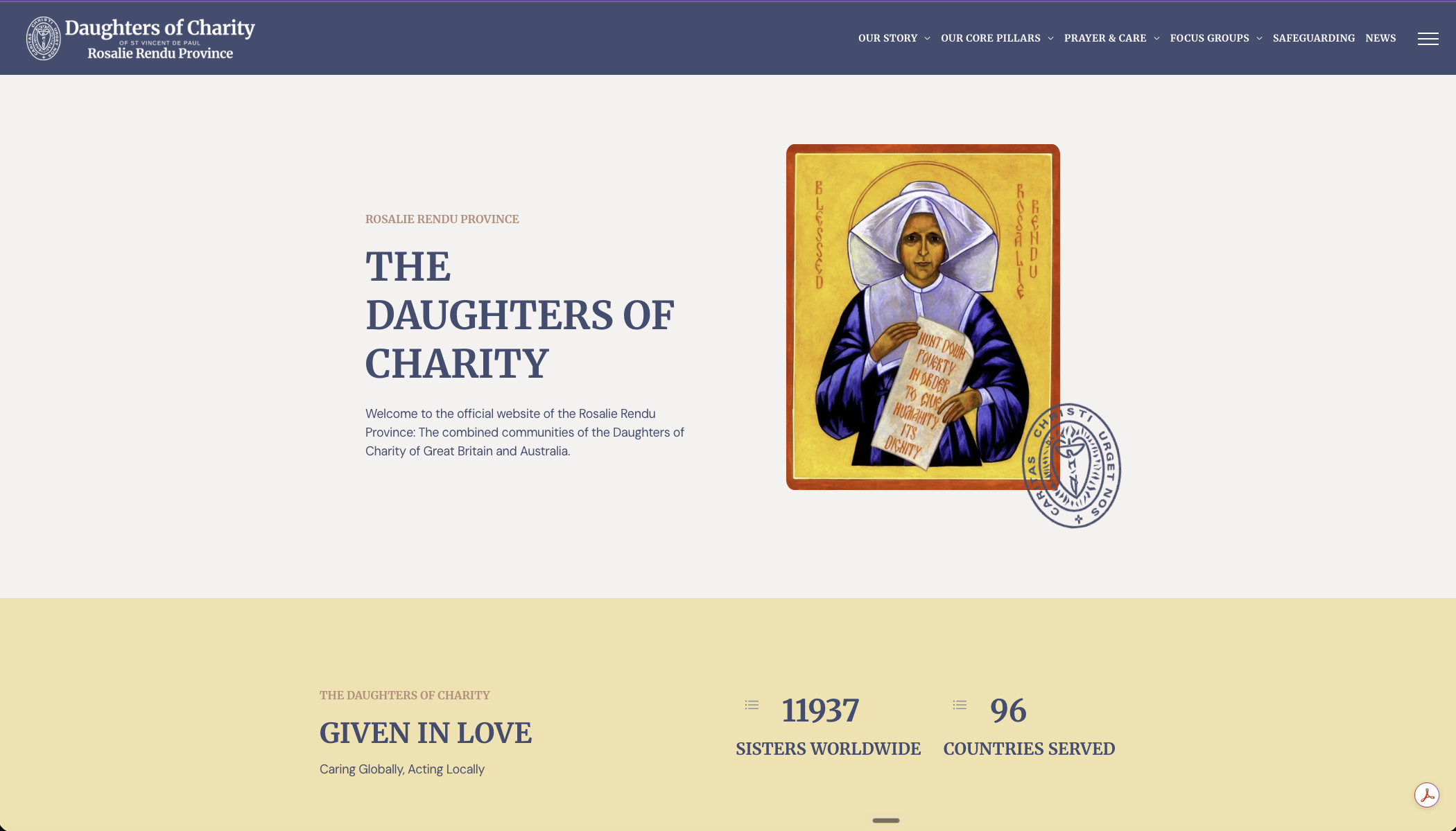 Screenshot of the Daughters of Charity homepage, with an icon of Blessed Rosalie Rendu and text introducing the Great Britain and Australia communities.