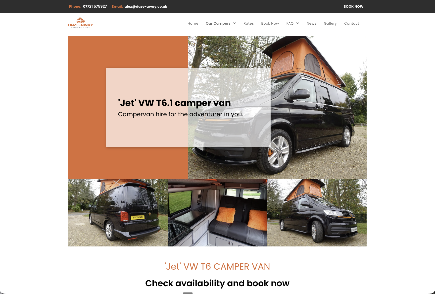 Screenshot of Daze-Away’s ‘Jet’ camper-van page, showing the black VW T6.1 camper, gallery images and a booking prompt.